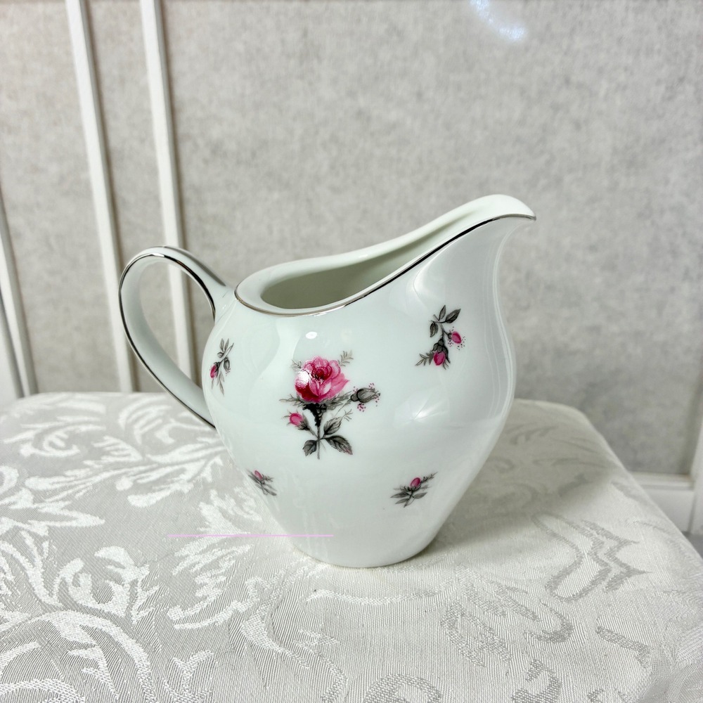 VTG Meito Japan Rosechintz Porcelain Creamer Pink Rose Floral Silver Trim